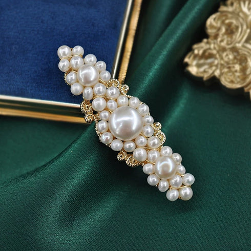 Gold Pearl Hair Barrette Clip - Gold Filigree Hair Barrette
